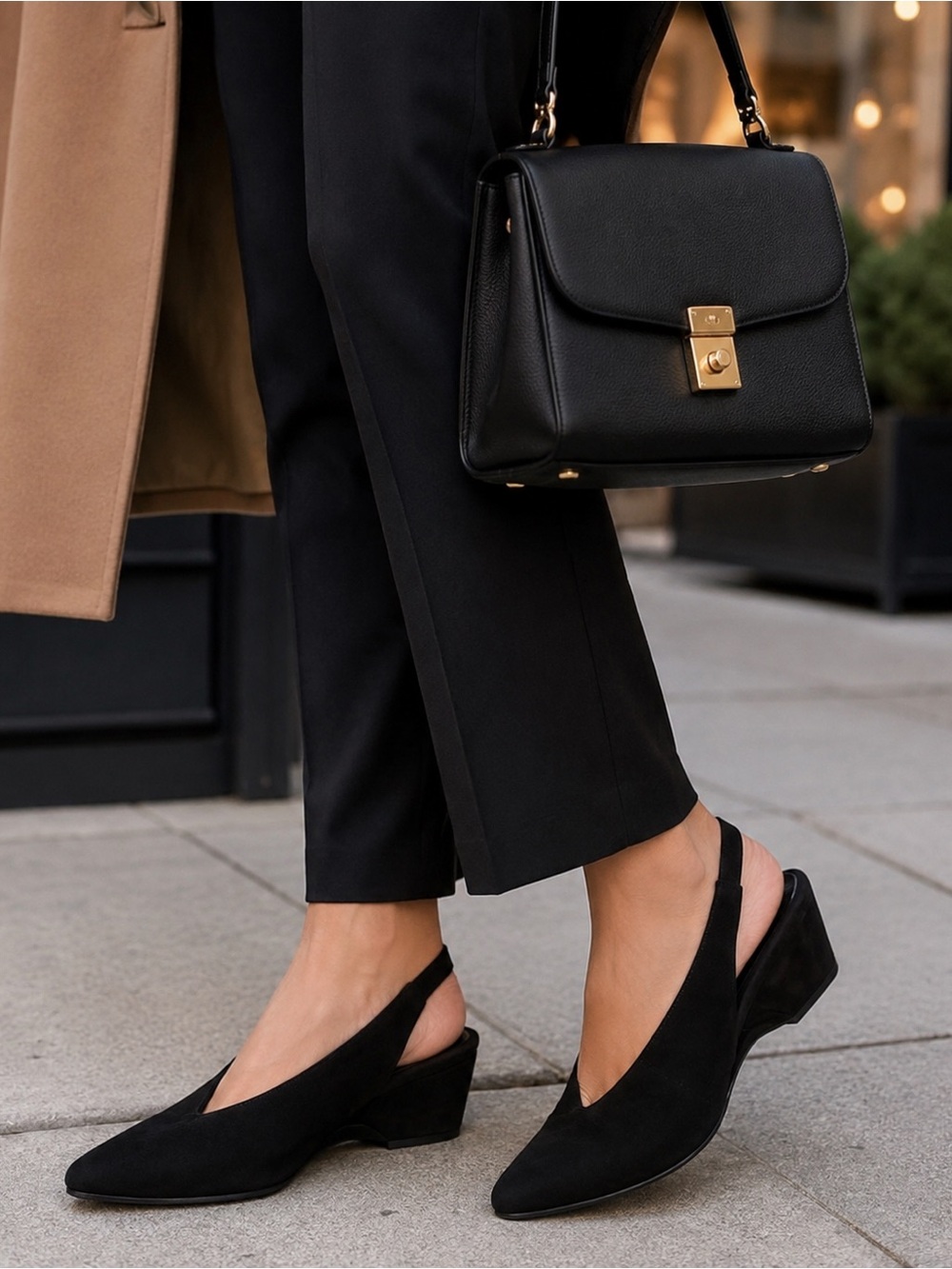 Eileen Fisher Women's Black Suede Slingback Low Wedge Heels 9